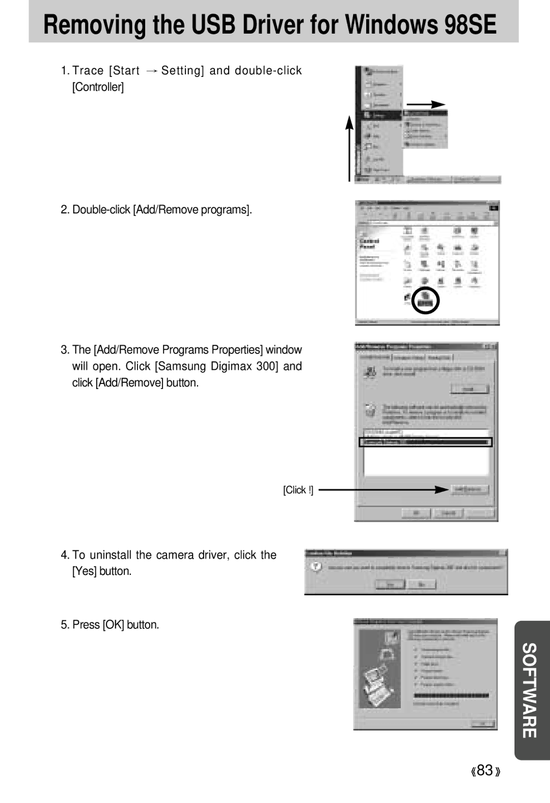 Samsung 300 manual Removing the USB Driver for Windows 98SE 