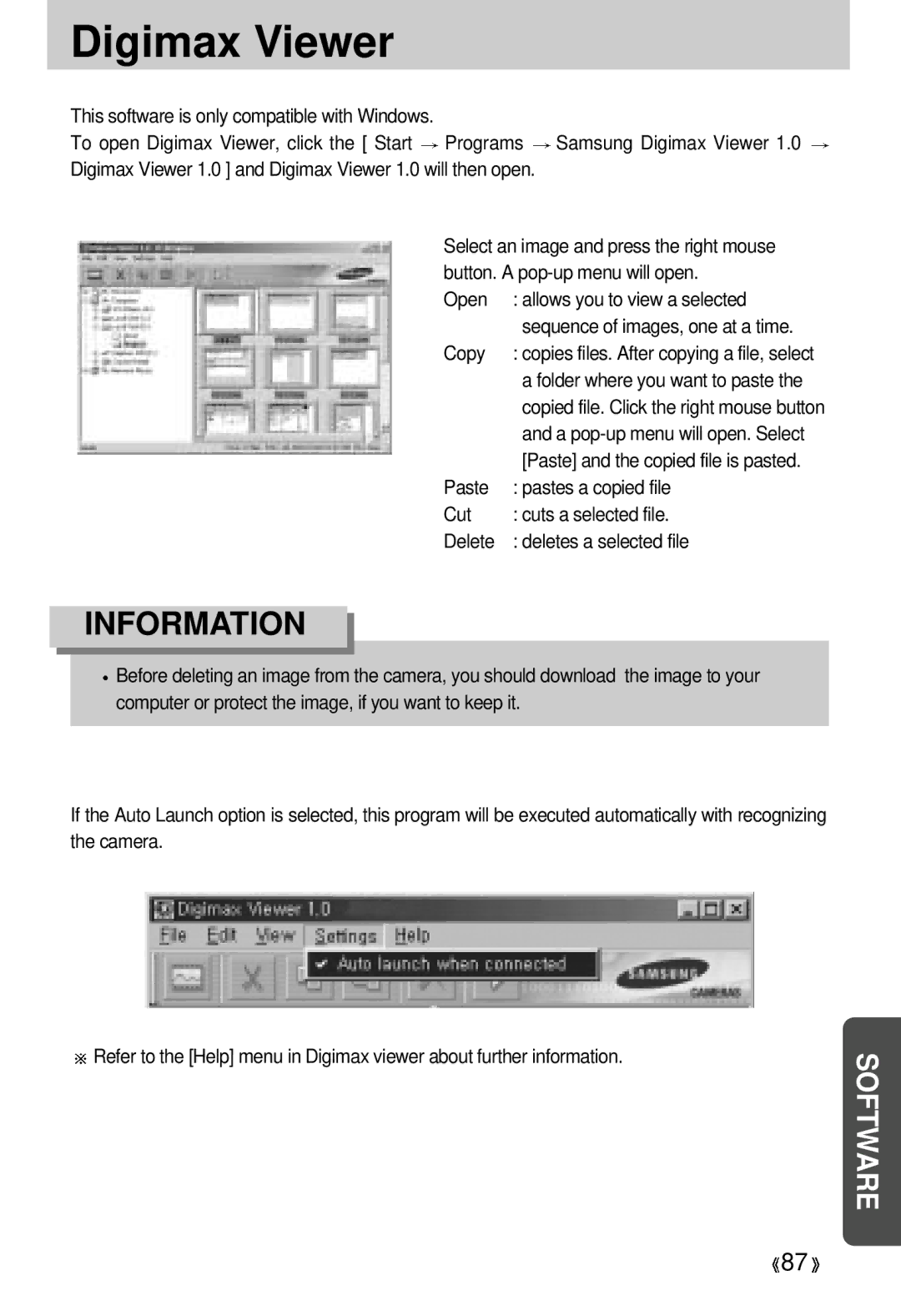 Samsung 300 manual Digimax Viewer, Open Allows you to view a selected, Copy 