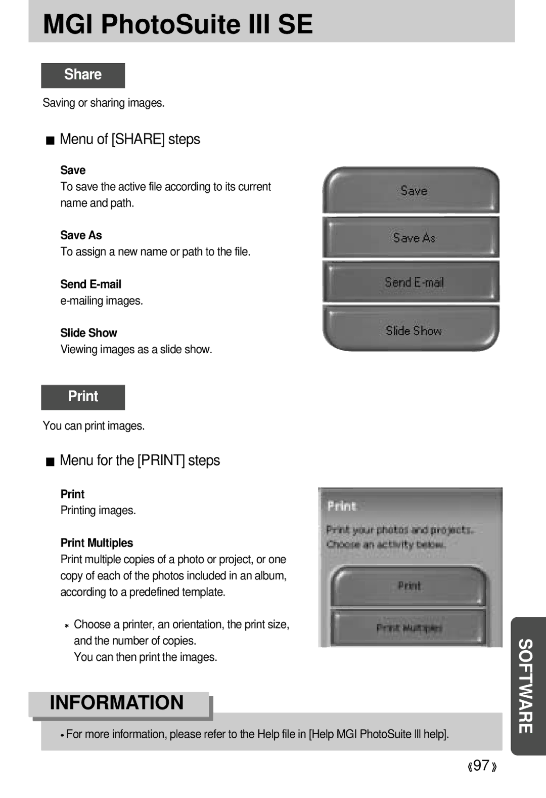 Samsung 300 manual Menu of Share steps, Menu for the Print steps 