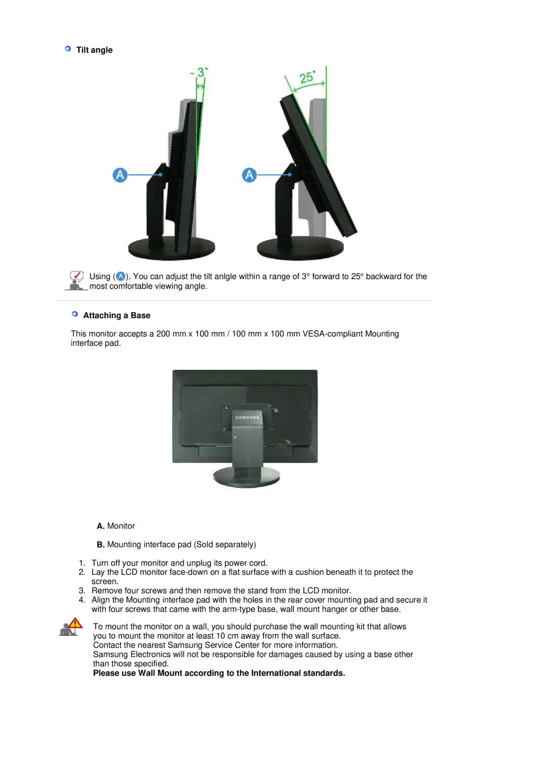 Samsung 305T manual Tilt angle, Attaching a Base 