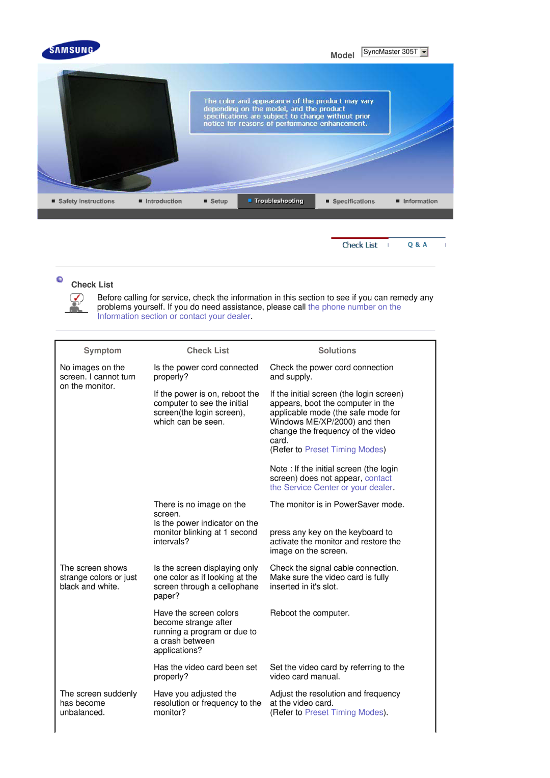 Samsung 305T manual Check List, Symptom, Solutions 