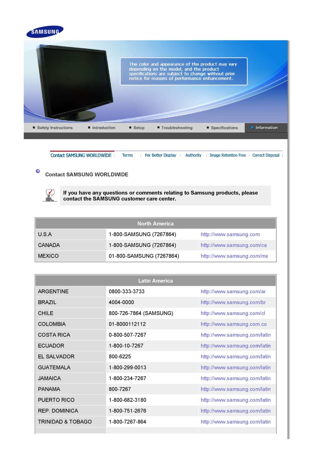 Samsung 305T manual North America 