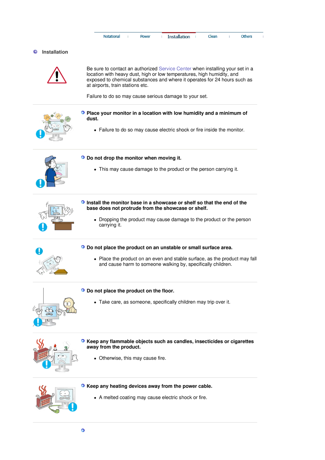 Samsung 305T manual Installation, Do not drop the monitor when moving it, Do not place the product on the floor 