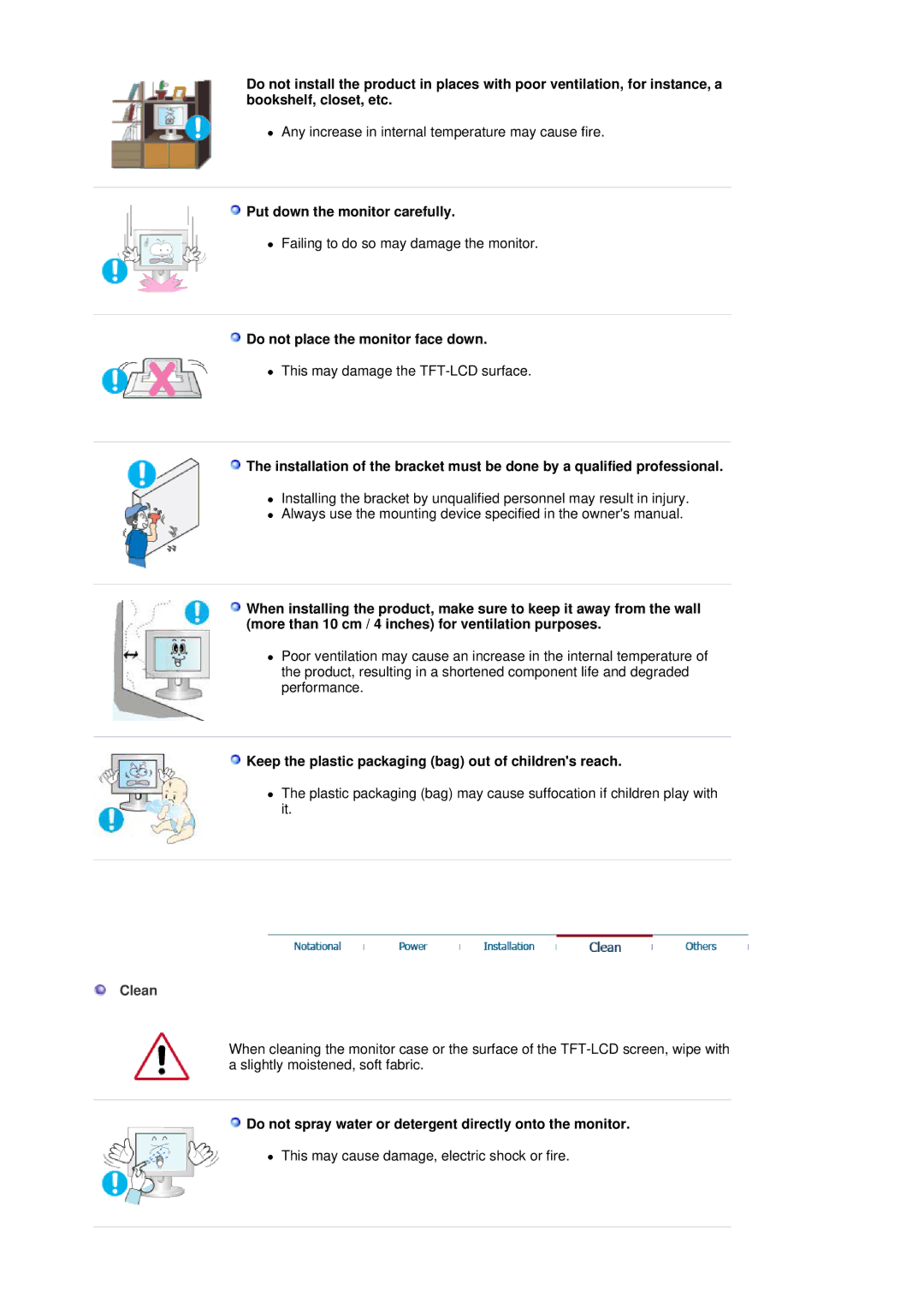 Samsung 305T manual Put down the monitor carefully, Do not place the monitor face down, Clean 