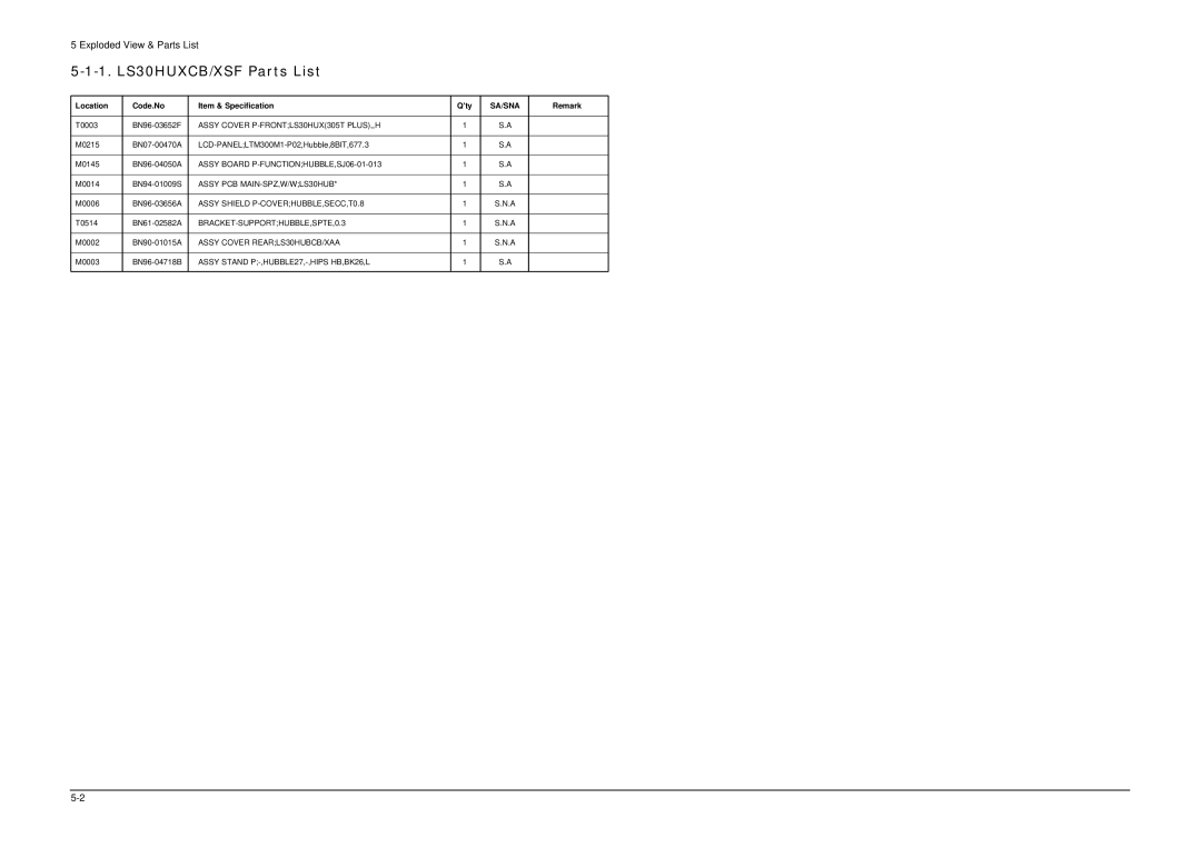 Samsung 305TPLUS, LHU30BS service manual 1. LS30HUXCB/XSF Parts List 