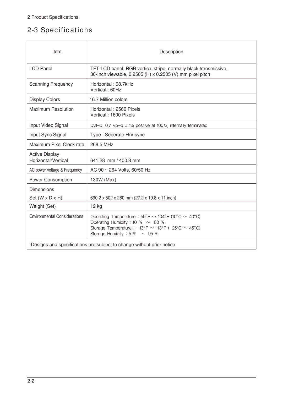 Samsung 305TPLUS, LHU30BS service manual Specifications 