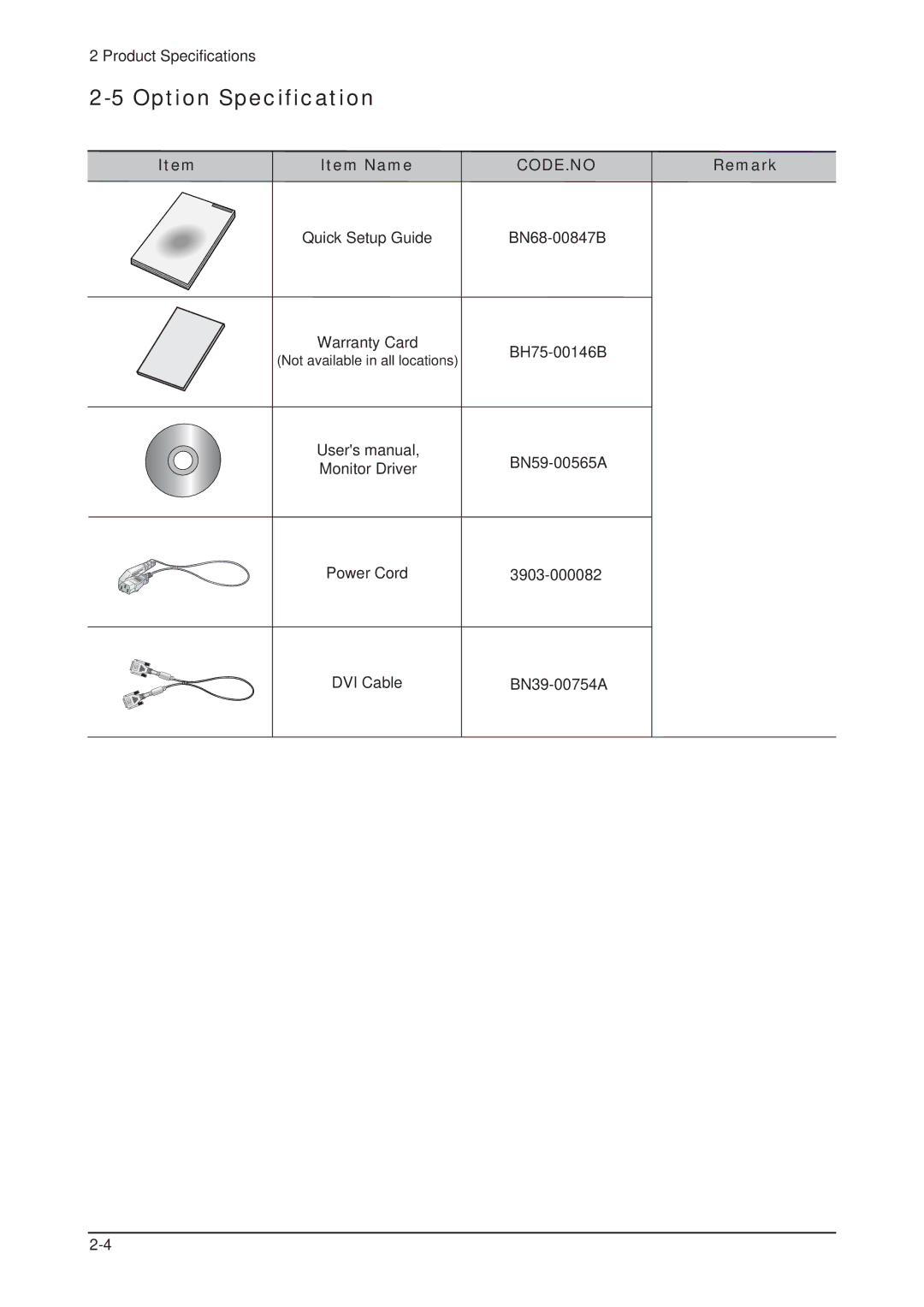 Samsung 305TPLUS, LHU30BS service manual Option Specification, Code.No 