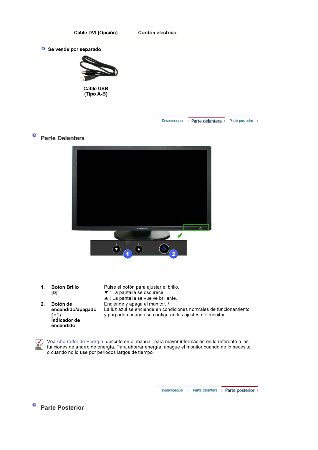 Samsung 305TPLUS quick start Parte Delantera, Parte Posterior, Parpadea cuando se configuran los ajustes del monitor 