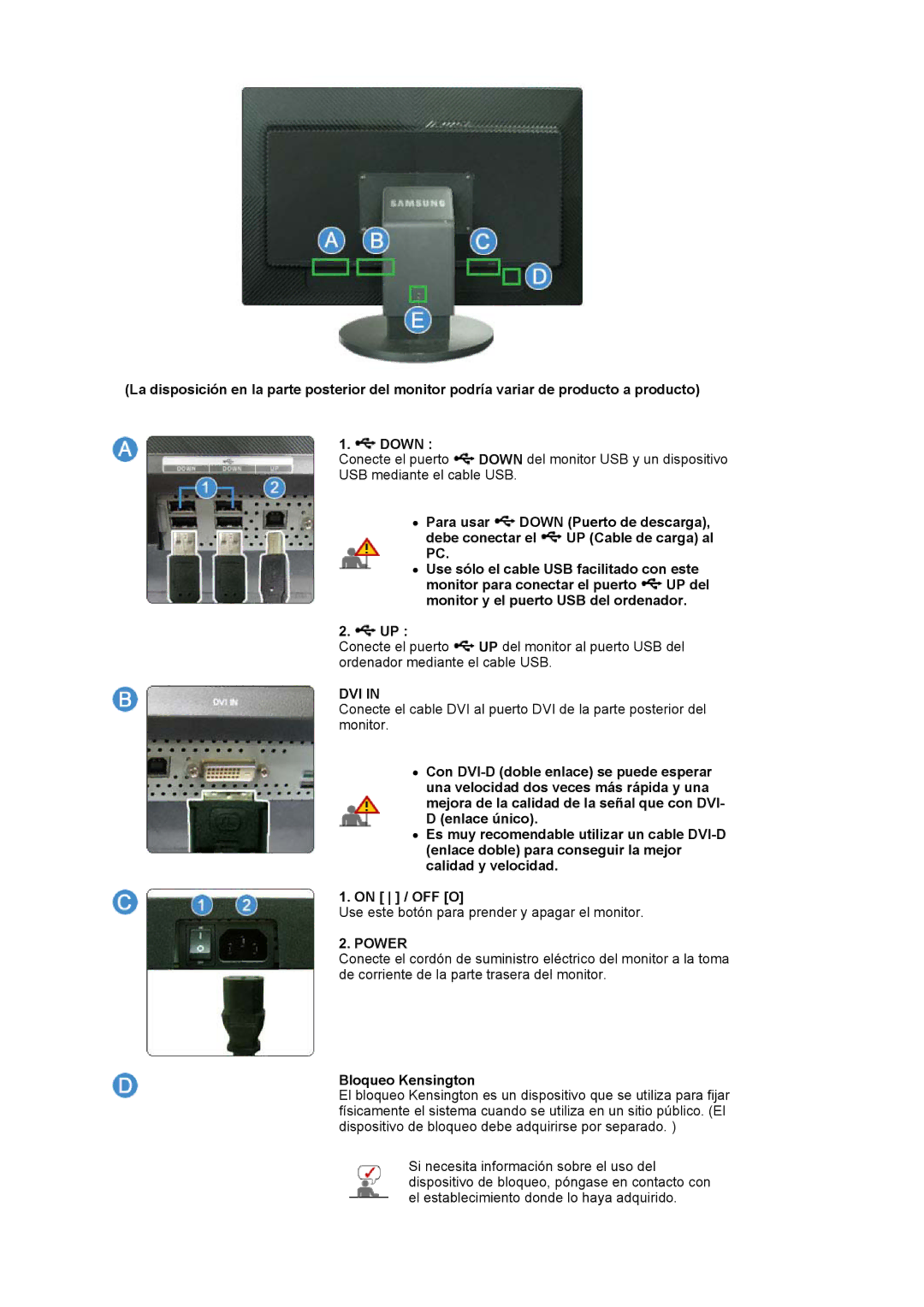 Samsung 305TPLUS quick start Dvi, Bloqueo Kensington 