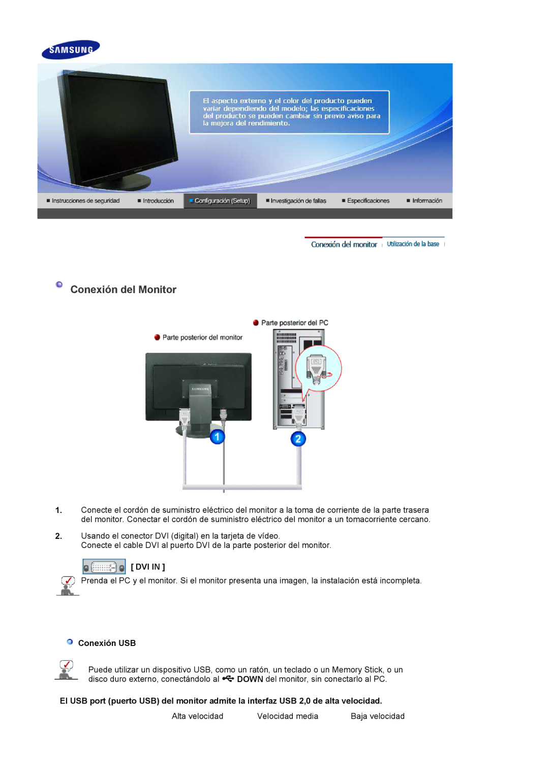 Samsung 305TPLUS quick start Conexión del Monitor, Dvi, Conexión USB 