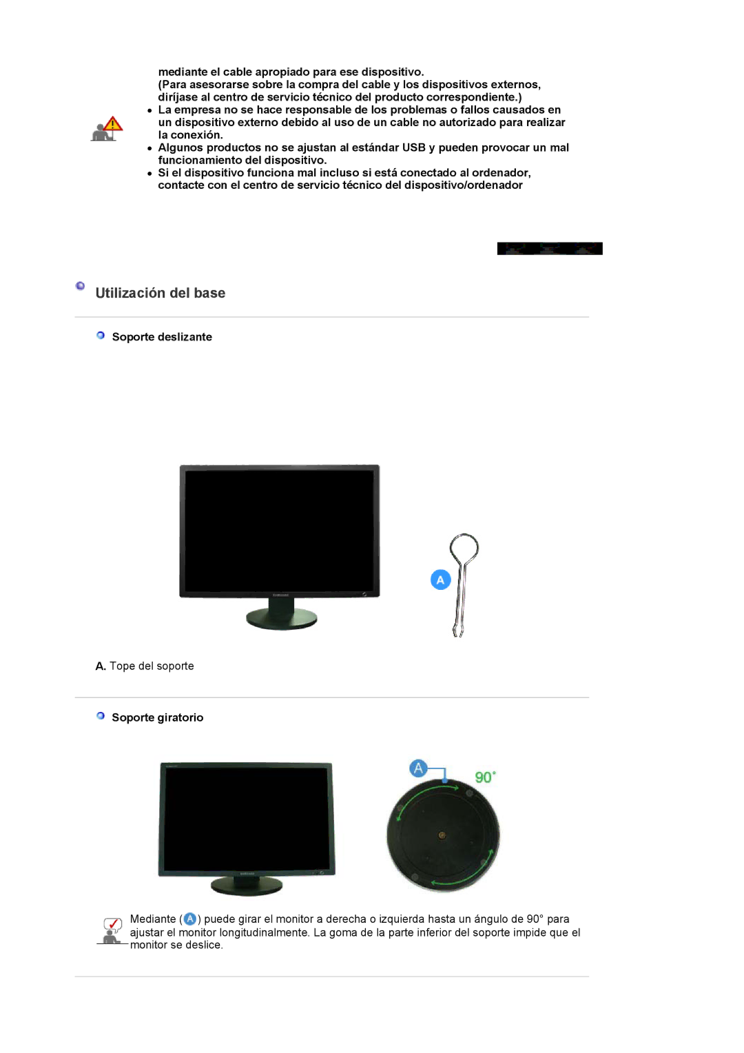 Samsung 305TPLUS quick start Utilización del base, Soporte deslizante, Soporte giratorio 