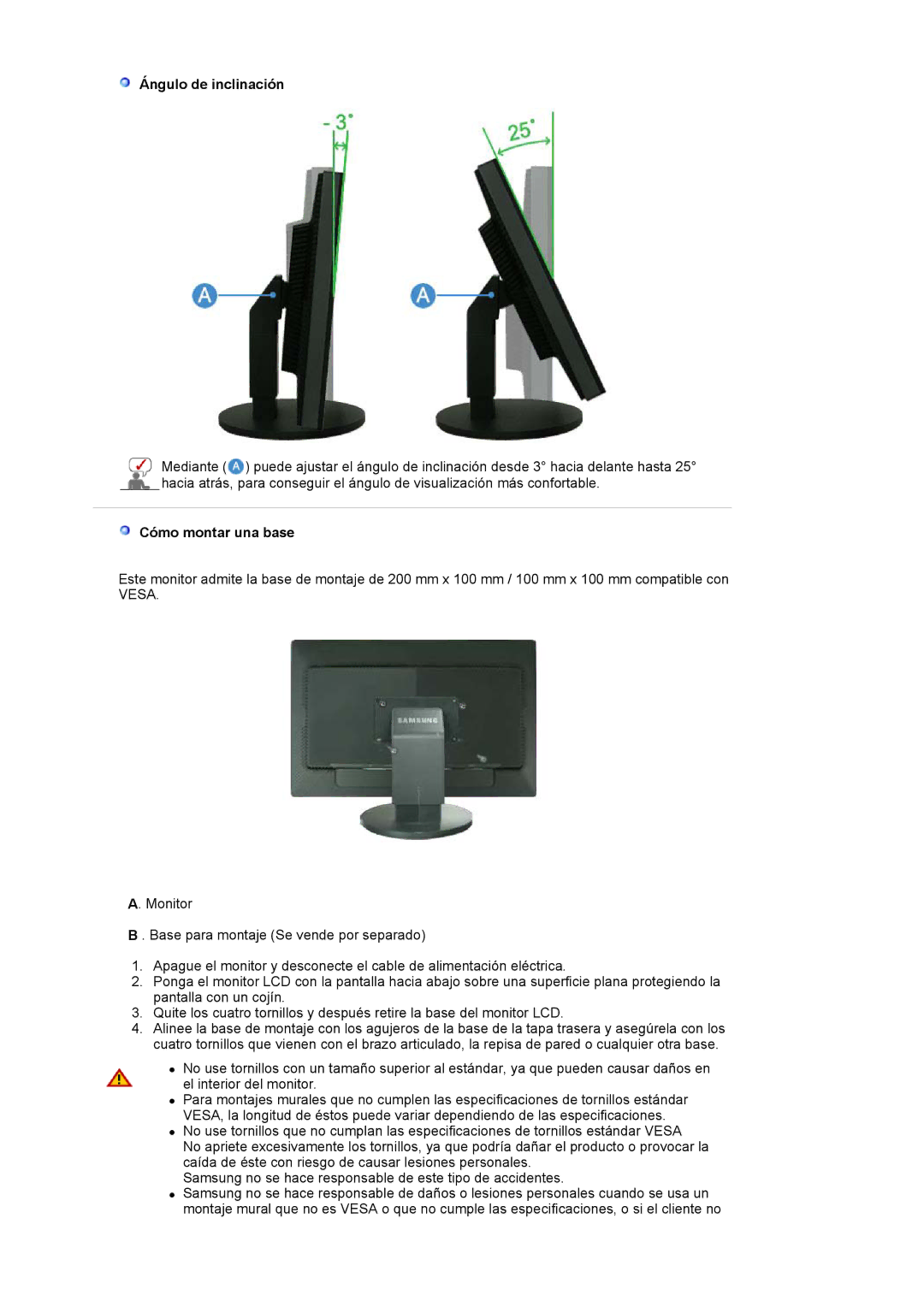 Samsung 305TPLUS quick start Ángulo de inclinación, Cómo montar una base 