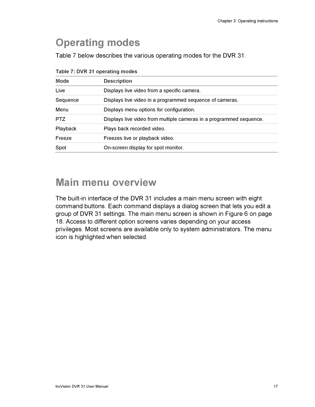 Samsung user manual Operating modes, Main menu overview, DVR 31 operating modes Mode Description 