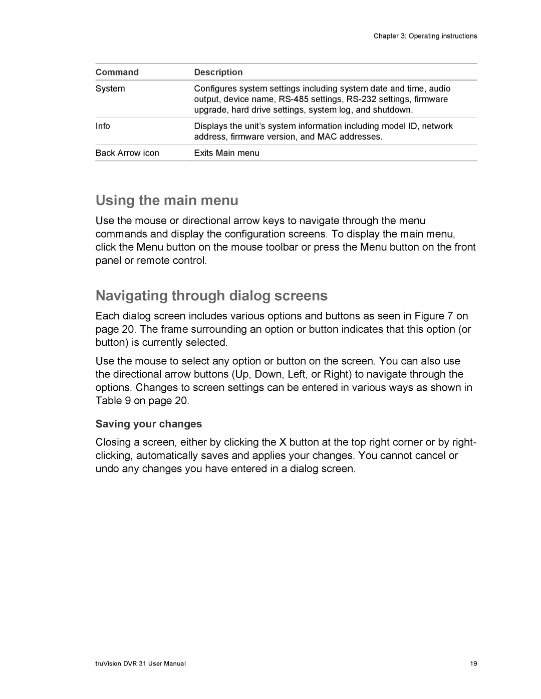 Samsung 31 user manual Using the main menu, Navigating through dialog screens, Saving your changes, Command Description 