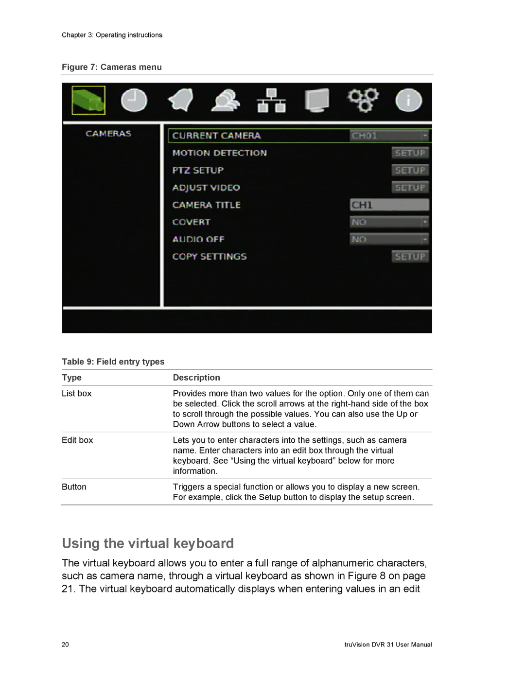 Samsung 31 user manual Using the virtual keyboard, Cameras menu Field entry types Type Description 