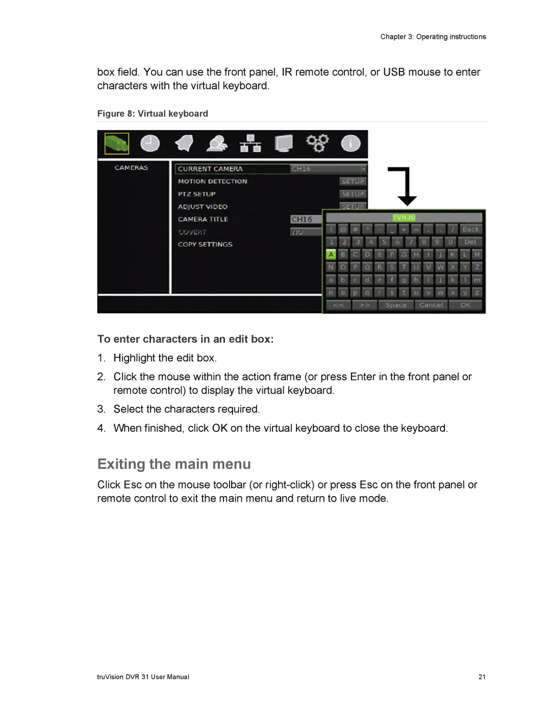 Samsung 31 user manual Exiting the main menu, To enter characters in an edit box 