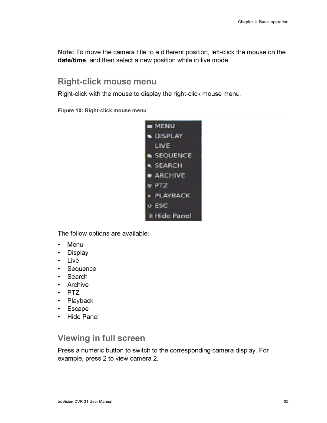 Samsung 31 user manual Right-click mouse menu, Viewing in full screen 