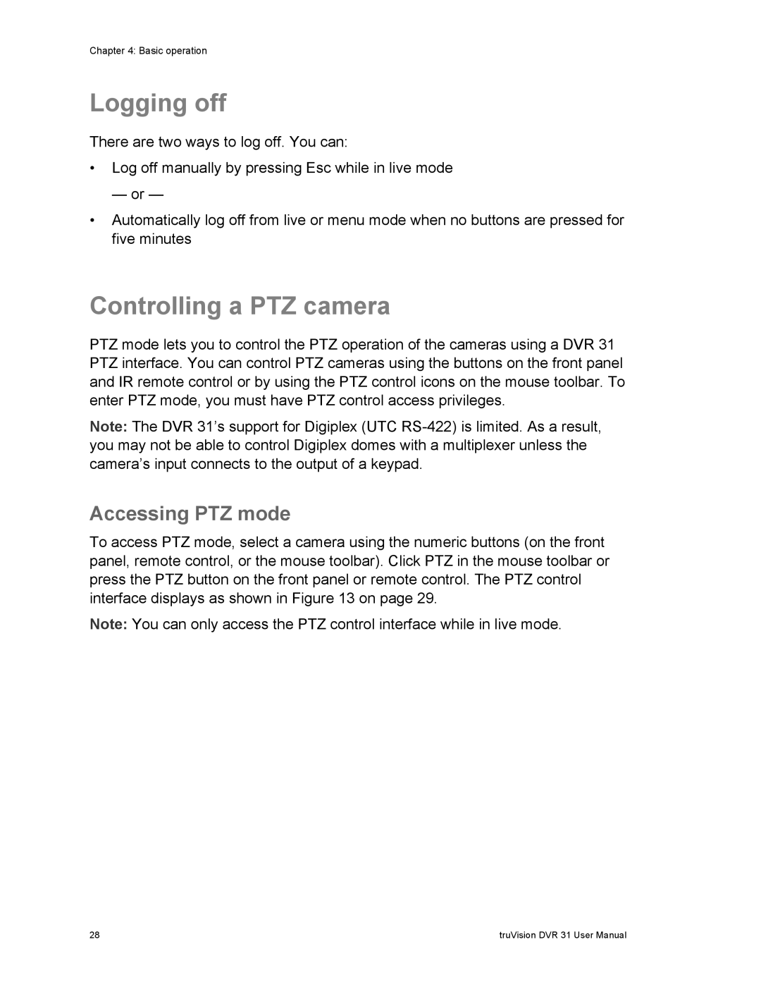 Samsung 31 user manual Logging off, Controlling a PTZ camera, Accessing PTZ mode 