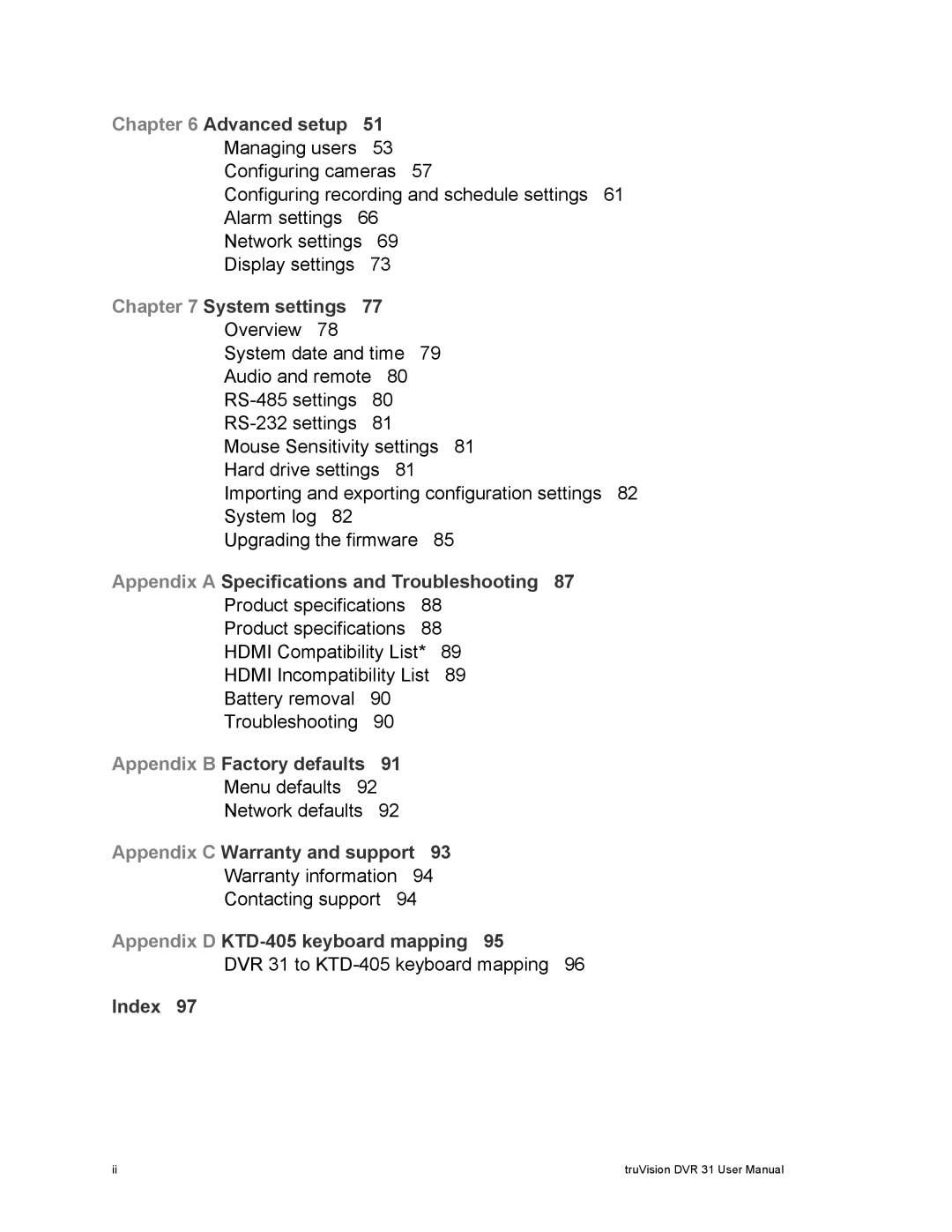 Samsung 31 Advanced setup 51 Managing users 53 Configuring cameras, System settings, Appendix B Factory defaults, Index 