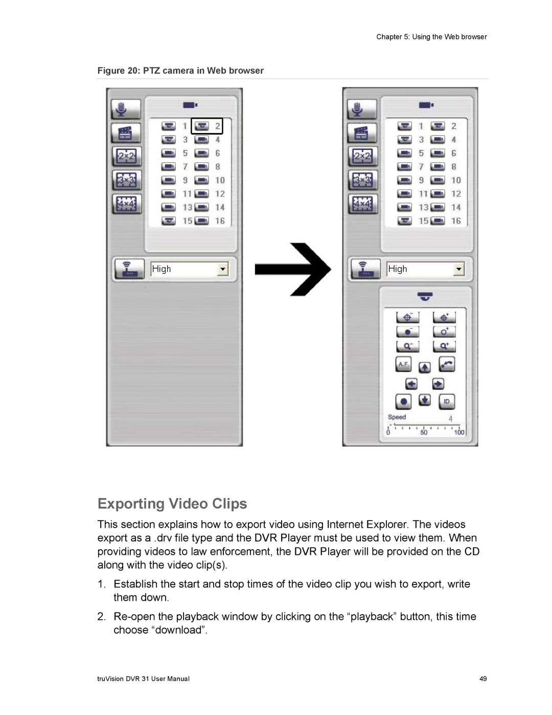 Samsung 31 user manual Exporting Video Clips, PTZ camera in Web browser 