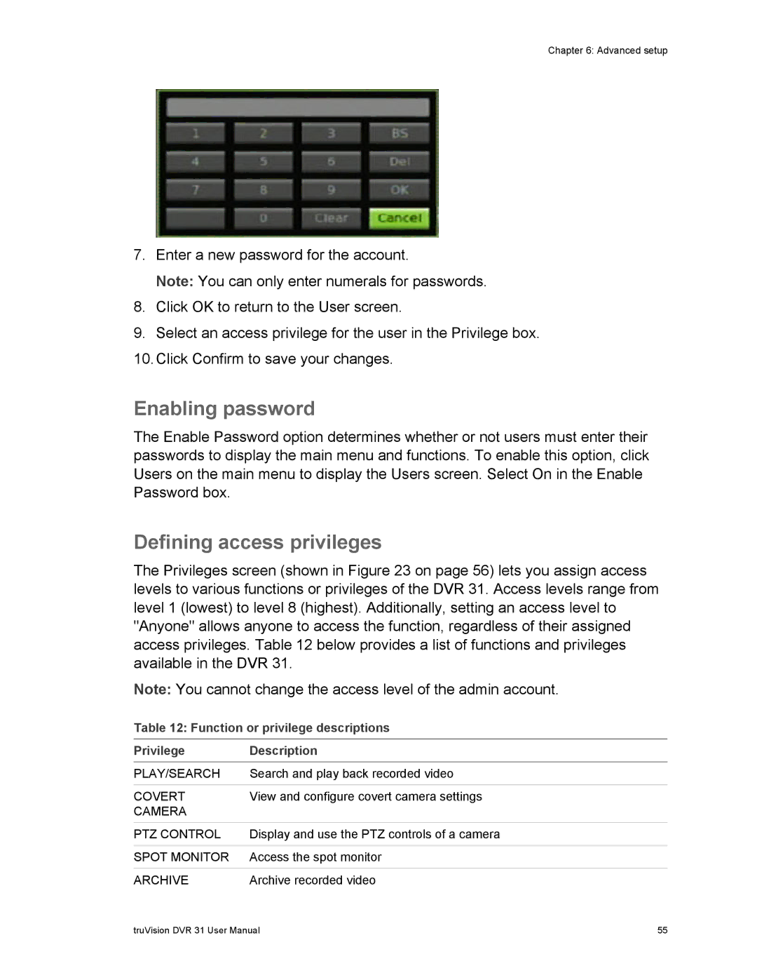 Samsung 31 Enabling password, Defining access privileges, Function or privilege descriptions Privilege Description 