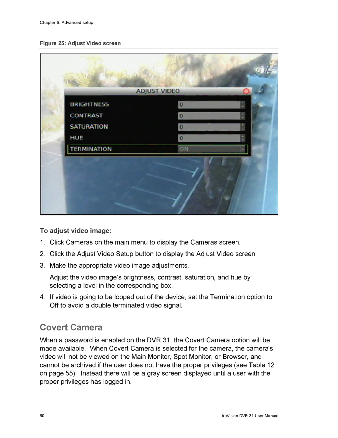 Samsung 31 user manual Covert Camera, To adjust video image 