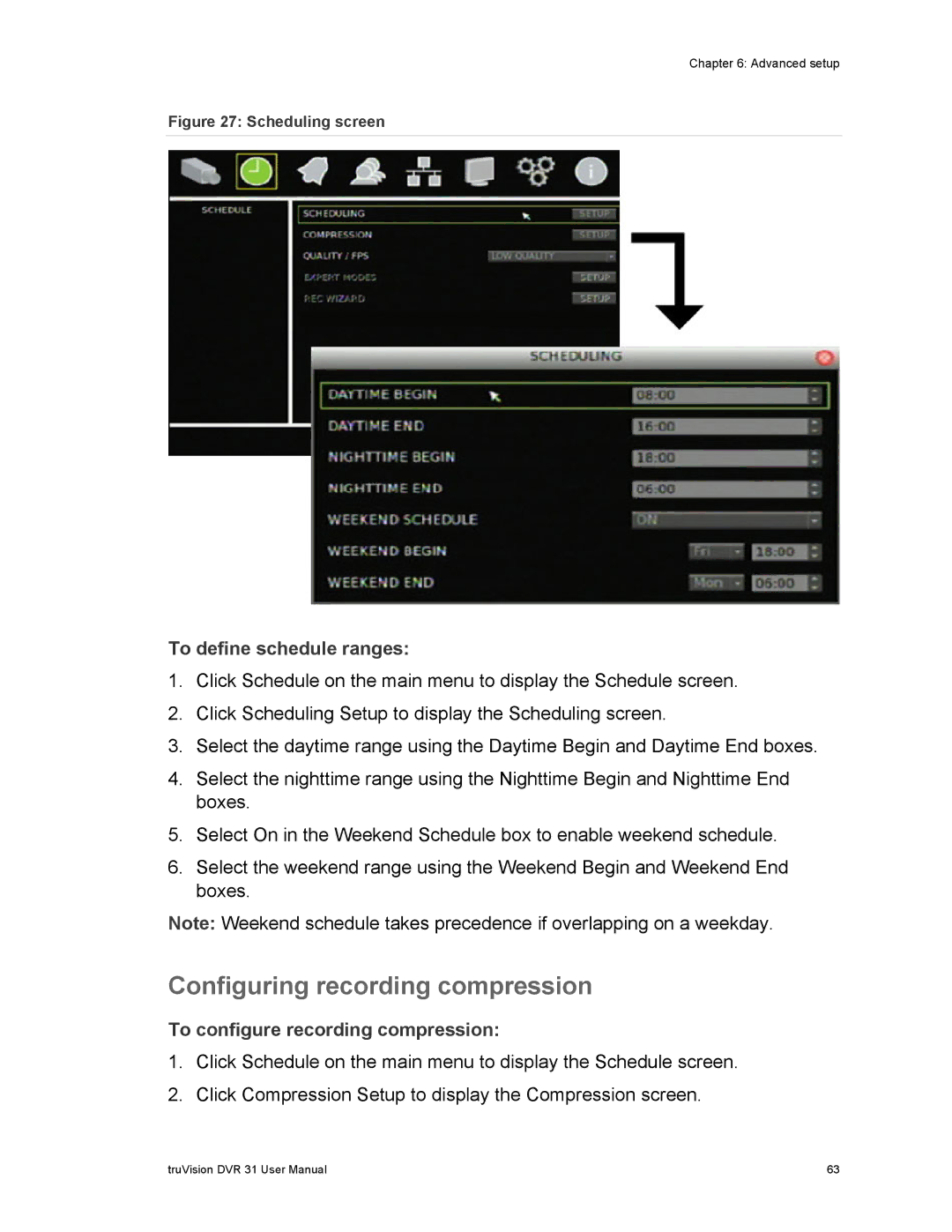 Samsung 31 user manual Configuring recording compression, To define schedule ranges, To configure recording compression 