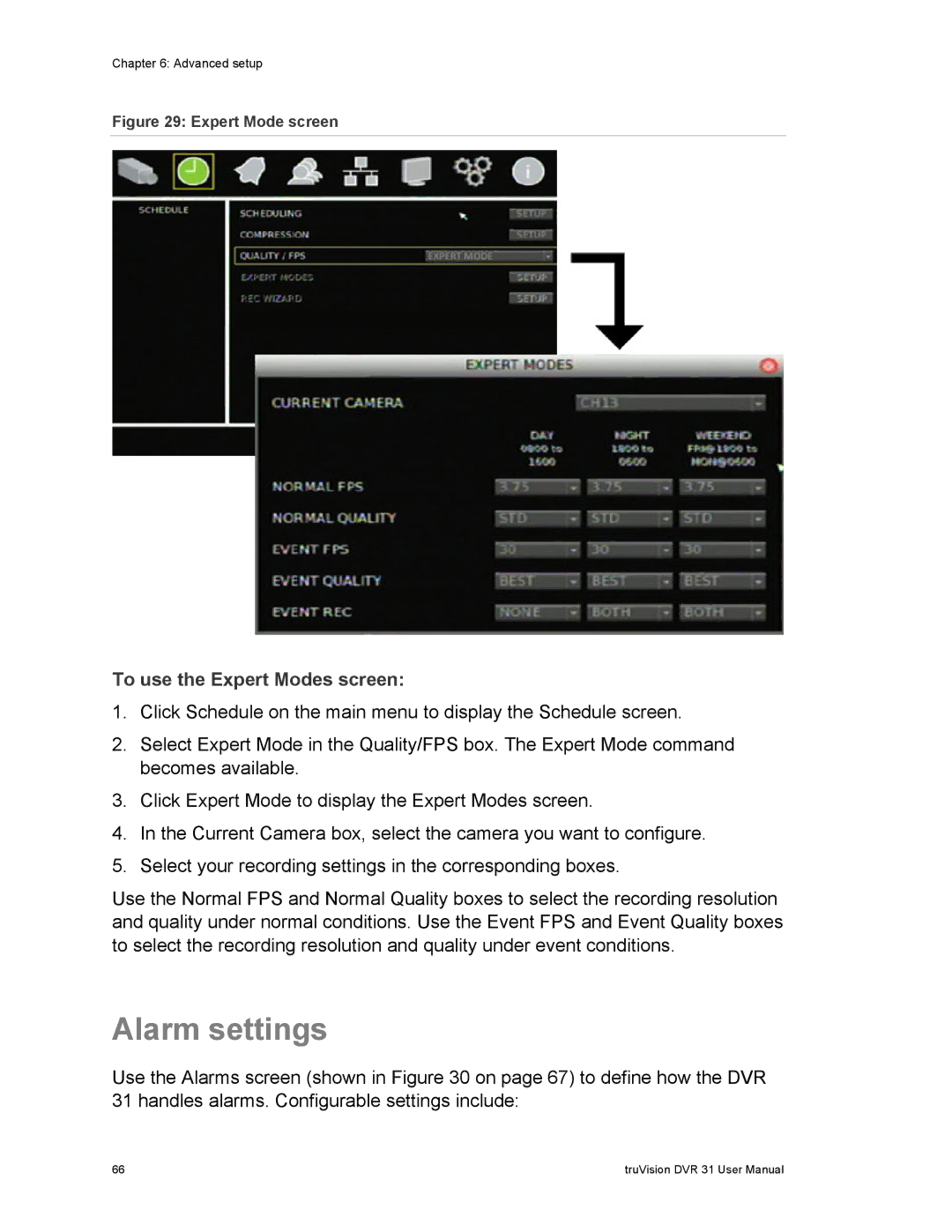 Samsung 31 user manual Alarm settings, To use the Expert Modes screen 