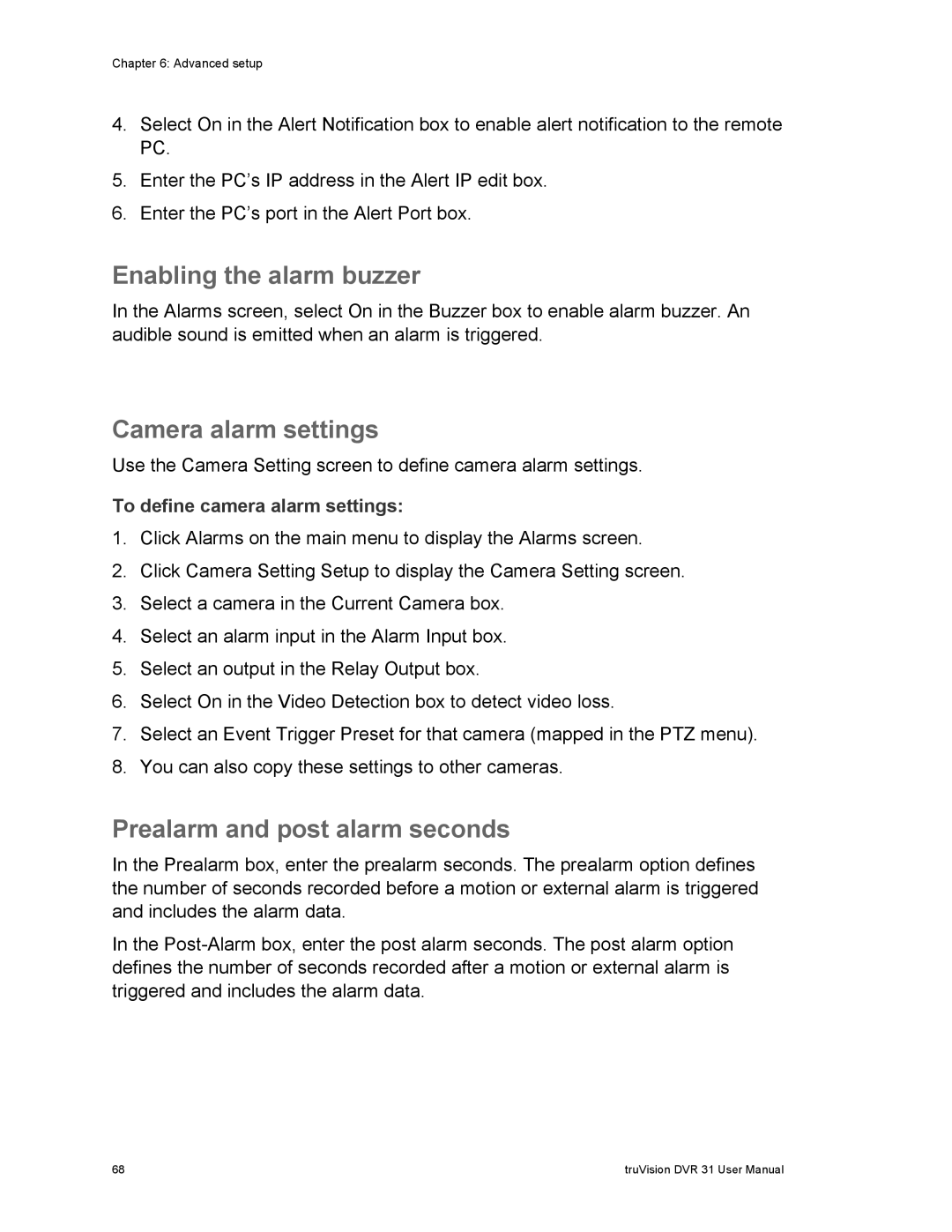 Samsung 31 user manual Enabling the alarm buzzer, Camera alarm settings, Prealarm and post alarm seconds 