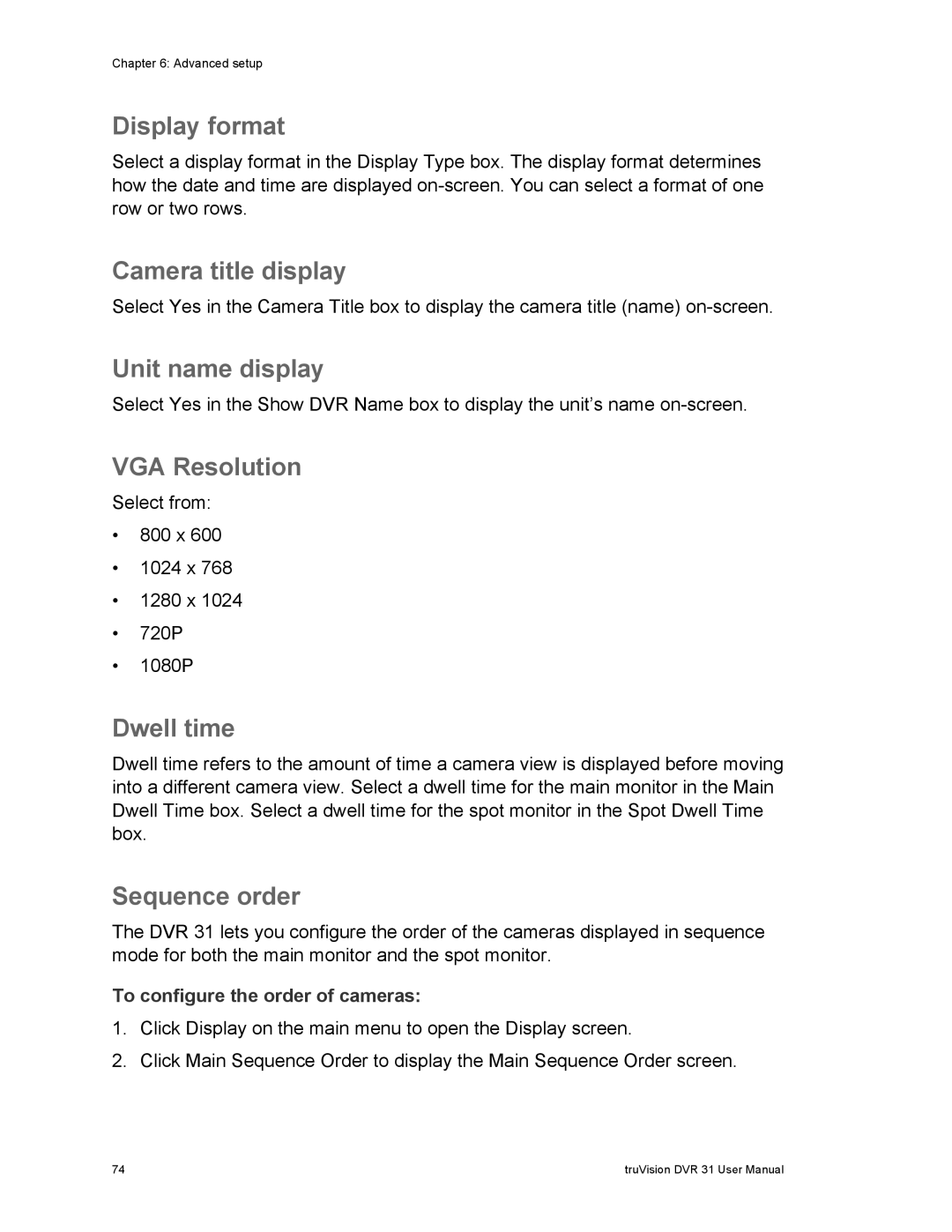 Samsung 31 user manual Display format, Camera title display, Unit name display, VGA Resolution, Dwell time, Sequence order 