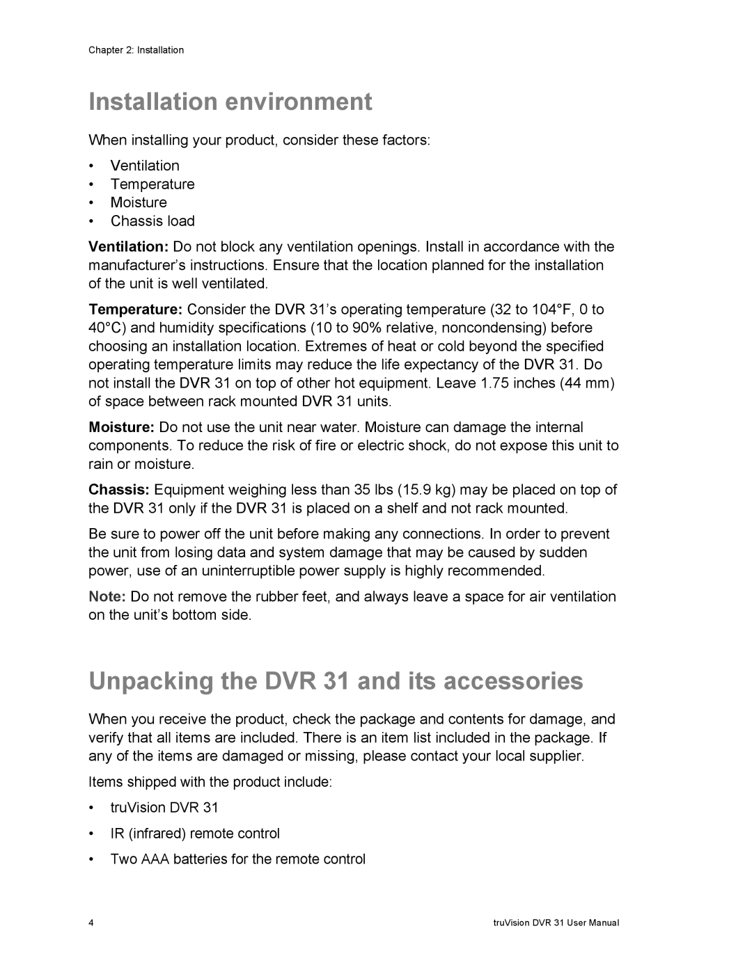 Samsung user manual Installation environment, Unpacking the DVR 31 and its accessories 