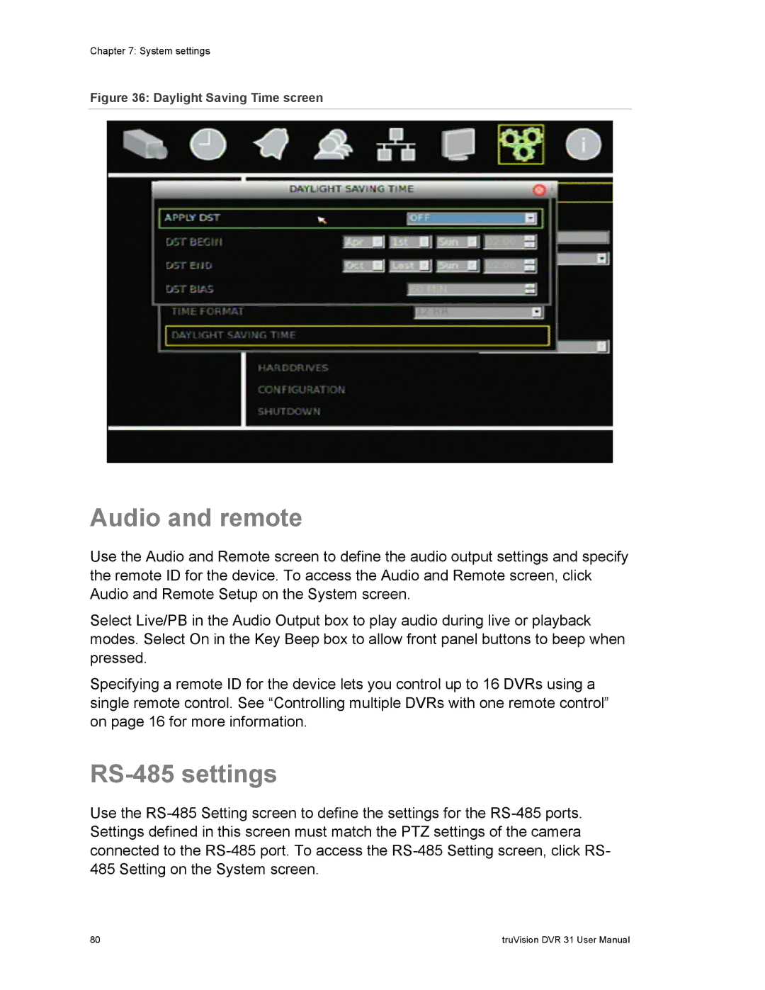 Samsung 31 user manual Audio and remote, RS-485 settings 