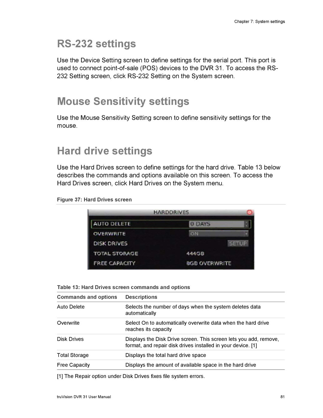 Samsung 31 user manual RS-232 settings, Mouse Sensitivity settings, Hard drive settings 