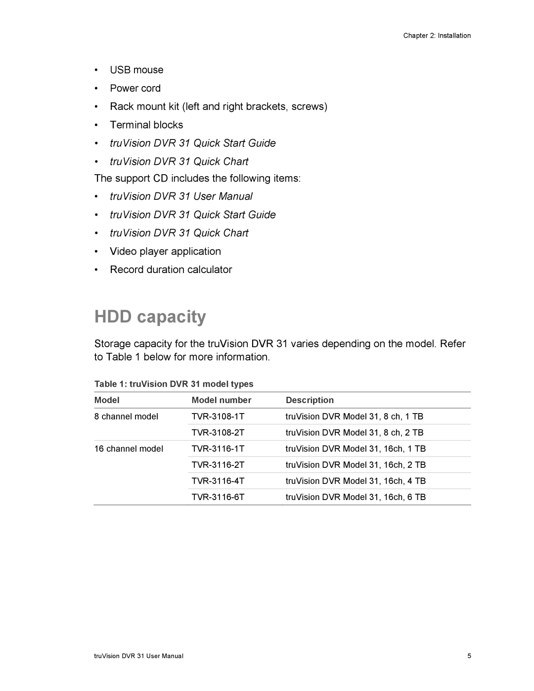 Samsung user manual HDD capacity, TruVision DVR 31 model types Model Model number Description 