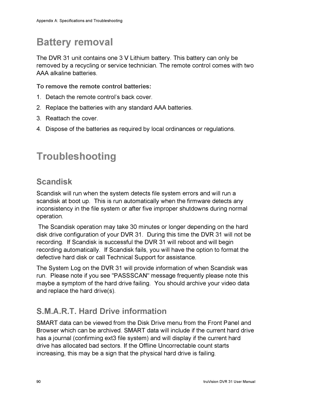 Samsung 31 user manual Battery removal, Troubleshooting, Scandisk, A.R.T. Hard Drive information 