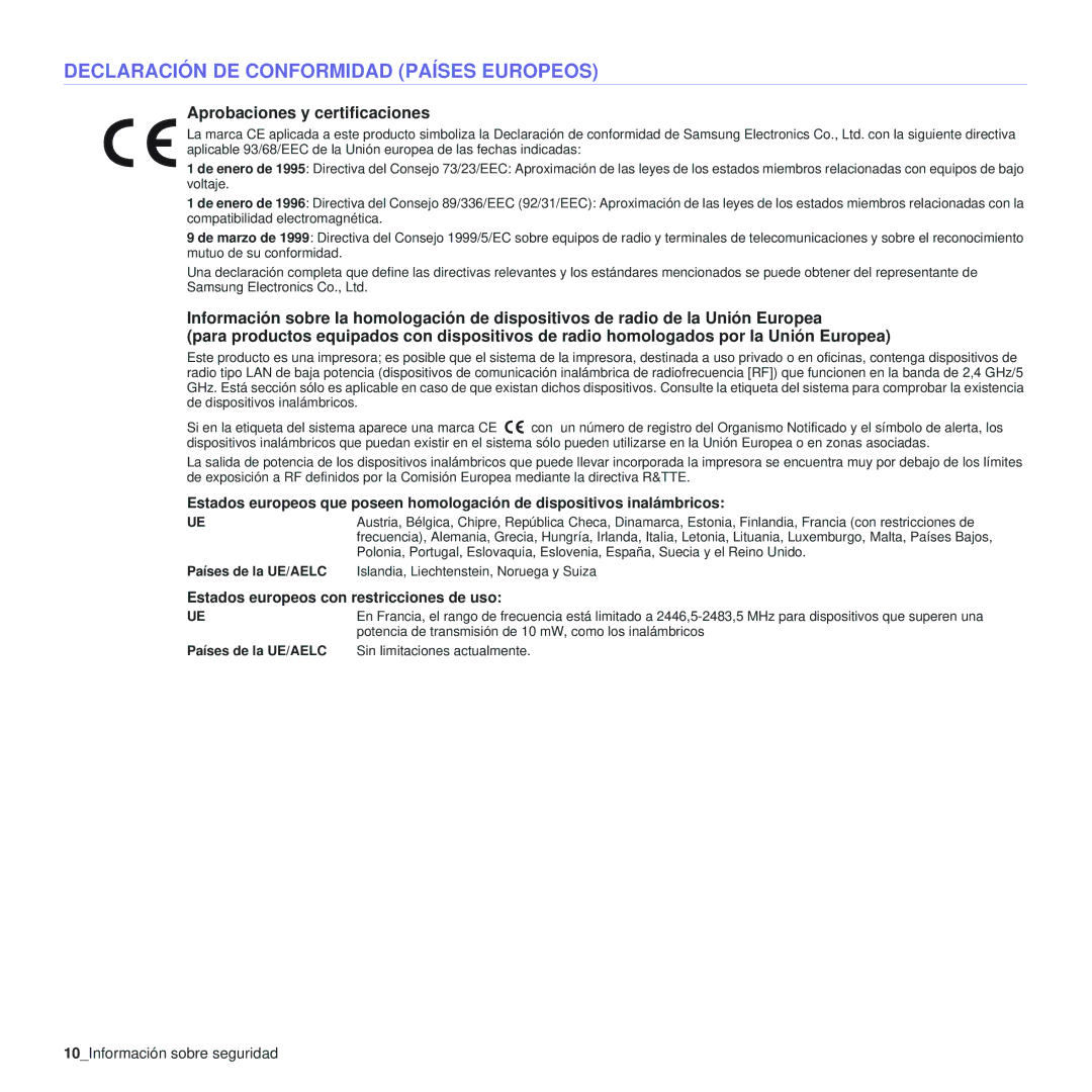 Samsung 310 manual Aprobaciones y certificaciones, 10Información sobre seguridad, Países de la UE/AELC 