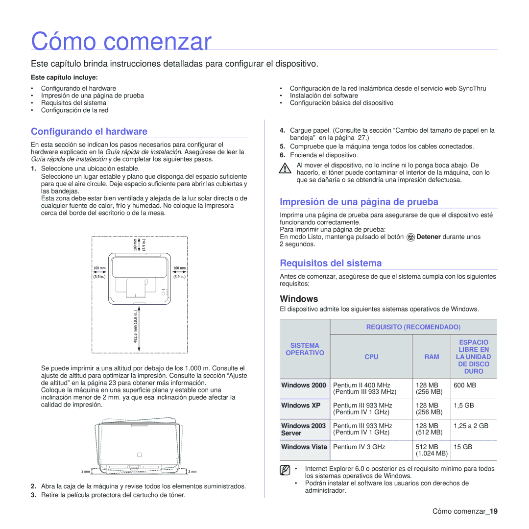 Samsung 310 Cómo comenzar, Configurando el hardware, Impresión de una página de prueba, Requisitos del sistema, Windows 