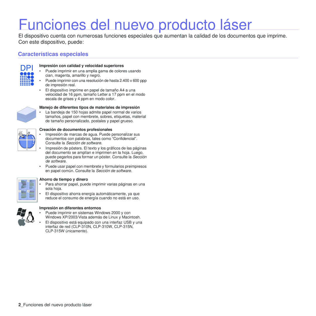 Samsung 310 manual Características especiales, 2Funciones del nuevo producto láser 