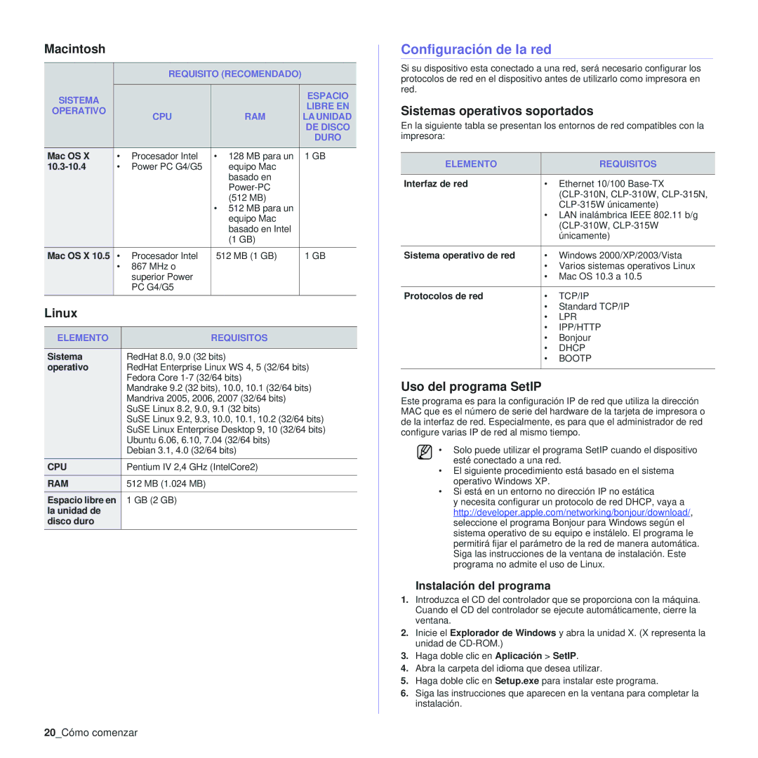 Samsung 310 manual Configuración de la red, Macintosh, Linux, Sistemas operativos soportados, Uso del programa SetIP 