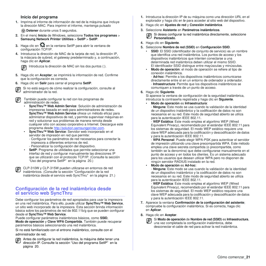 Samsung 310 manual Inicio del programa, Cómo comenzar21, Seleccione Nombre de red Ssid en Configuración Ssid 