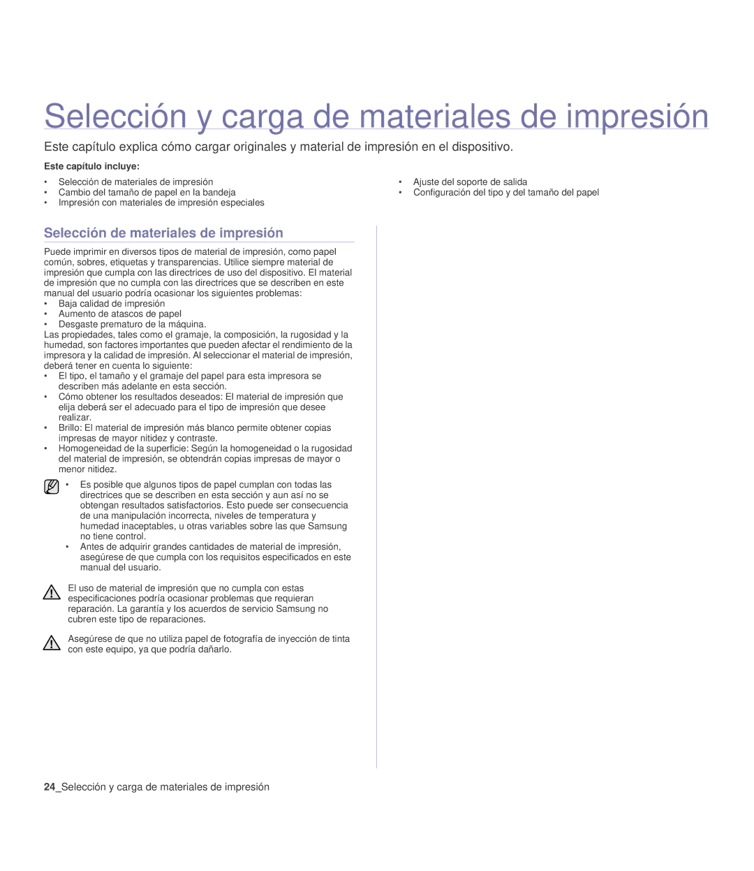 Samsung 310 manual Selección de materiales de impresión, 24Selección y carga de materiales de impresión 