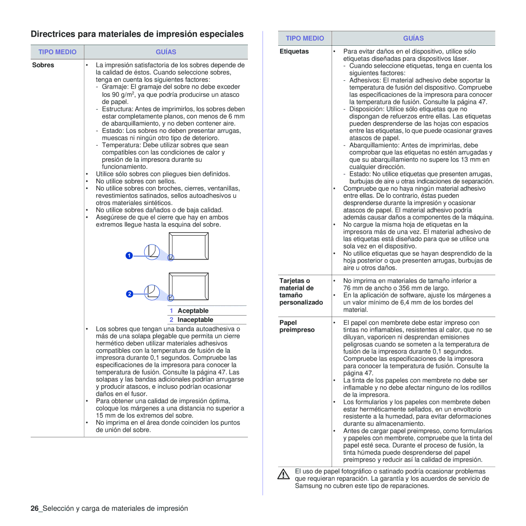 Samsung 310 manual Directrices para materiales de impresión especiales, 26Selección y carga de materiales de impresión 