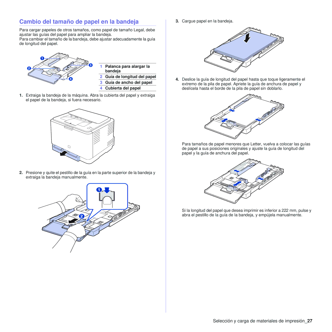 Samsung 310 manual Cambio del tamaño de papel en la bandeja, Selección y carga de materiales de impresión27 