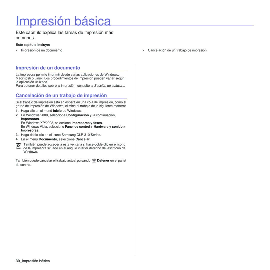 Samsung 310 manual Impresión de un documento, Cancelación de un trabajo de impresión, 30Impresión básica 