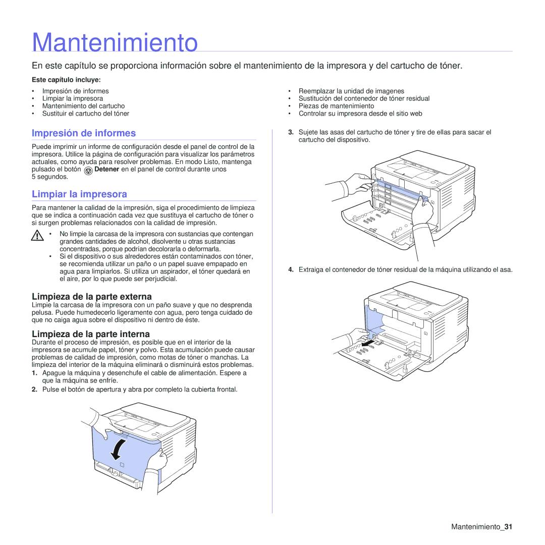 Samsung 310 manual Mantenimiento, Impresión de informes, Limpiar la impresora, Limpieza de la parte externa 