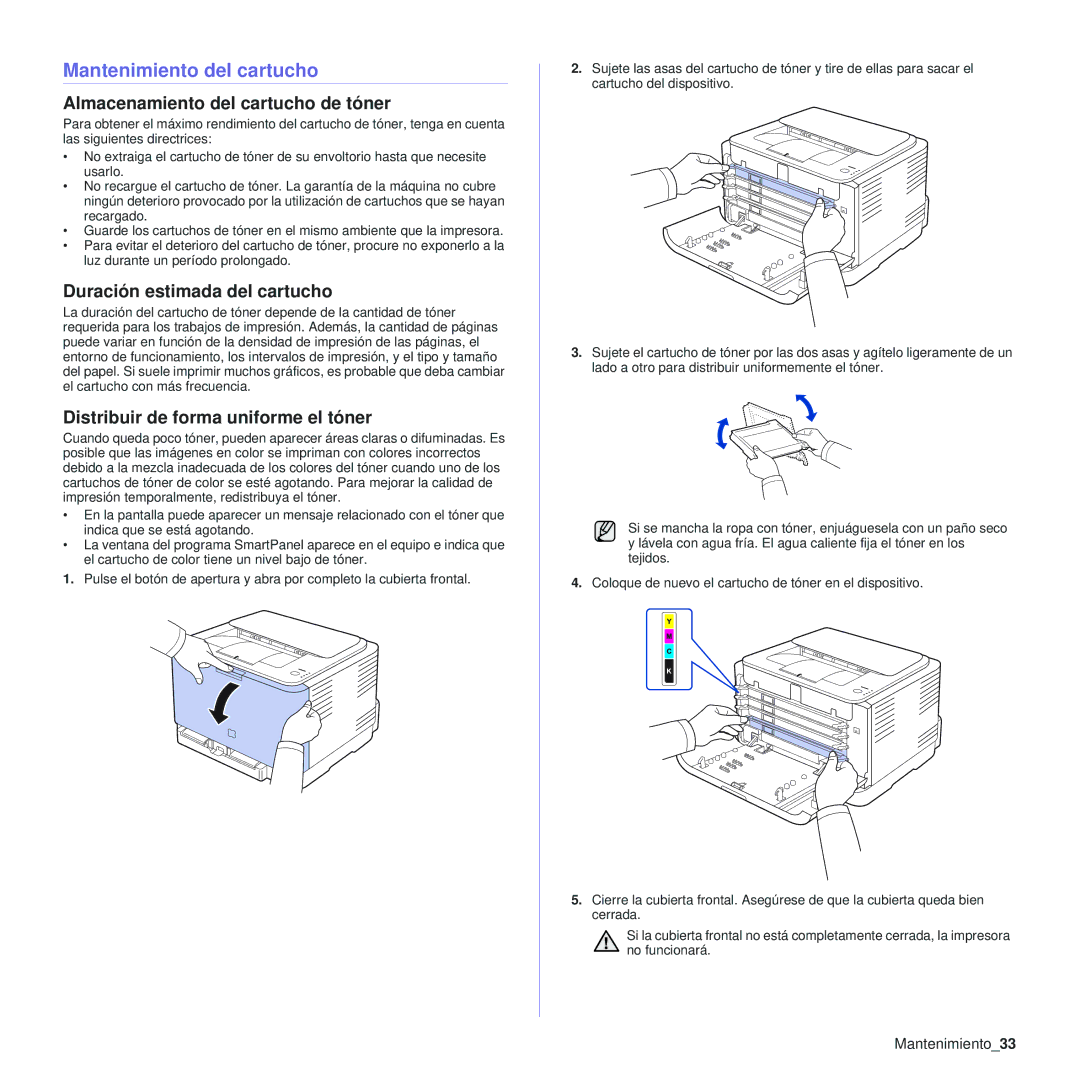 Samsung 310 manual Mantenimiento del cartucho, Almacenamiento del cartucho de tóner, Duración estimada del cartucho 