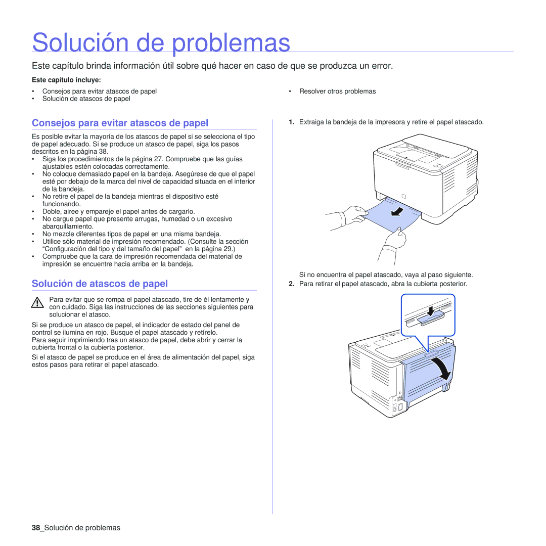 Samsung 310 manual Solución de problemas, Consejos para evitar atascos de papel, Solución de atascos de papel 