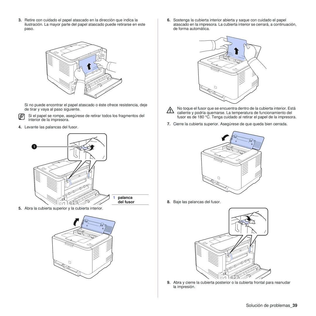 Samsung 310 manual Solución de problemas39, Palanca del fusor 