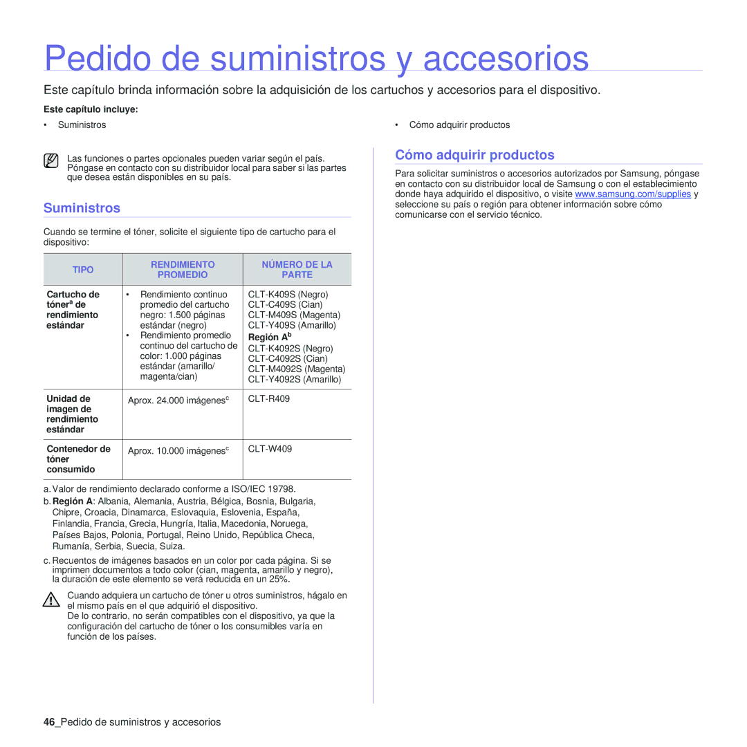 Samsung 310 manual Suministros, Cómo adquirir productos, 46Pedido de suministros y accesorios 