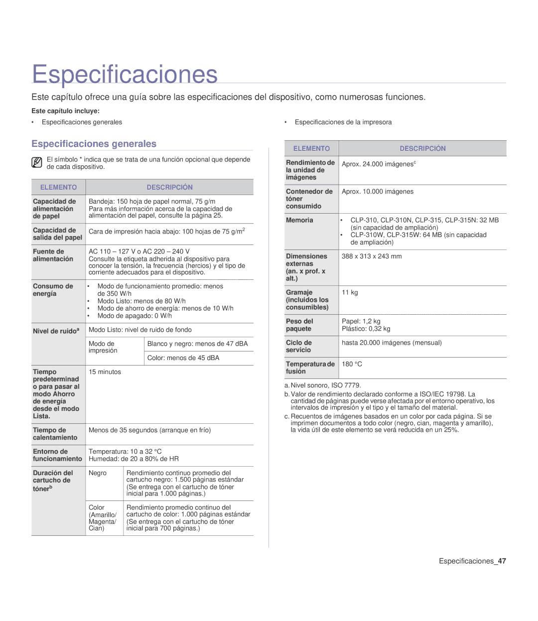 Samsung 310 manual Especificaciones generales, Especificaciones47, Elemento Descripción 